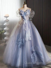 Glitter A-Line Off Shoulder Tulle Flower Quinceanera Dresses Blue Long Evening Prom Dresses Beautiful