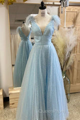 Glitter Feathers V-Neck Empire Waist A-Line Evening Prom Gown,Evening Party Dresses