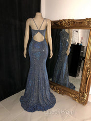Glitter Mermaid Evening Prom Dresses Long Spaghetti Straps V Neck Open Back Formal Evening Party Gowns