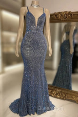 Glitter Mermaid Evening Prom Dresses Long Spaghetti Straps V Neck Open Back Formal Evening Party Gowns