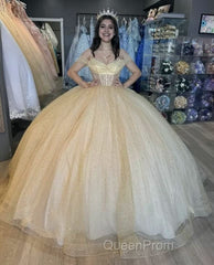 Glitter Off The Shoulder Beading Tulle Long Quinceanera Dresses