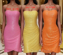 Glitter Orange Strapless Sequined Mini Homecoming Dresses
