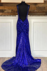 Glitter Royal Blue Sequins Evening Prom Dresses Regency Backless Mermaid Formal Dresses