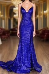 Glitter Royal Blue Sequins Evening Prom Dresses Regency Backless Mermaid Formal Dresses