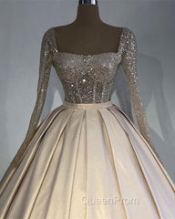 Glitter Sequins Long Sleeves Evening Prom Ball Gown Satin Dresses