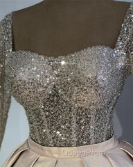 Glitter Sequins Long Sleeves Evening Prom Ball Gown Satin Dresses