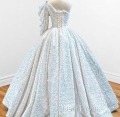 Glitter White Sequined One Shoulder Ball Gown Quinceanera Dresses