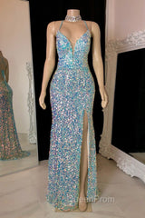 Glittering Spaghetti-Straps Sequins Evening Prom Dresses Mermaid Sleeveless With Slit