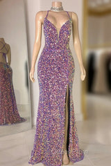 Glittering Spaghetti-Straps Sequins Evening Prom Dresses Mermaid Sleeveless With Slit