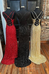 Glitters Mermaid Sequin Long Formal Dresses with Slit,Best Evening Prom Dresses
