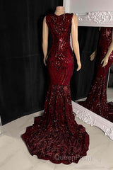 Glittery Long Red Mermaid Sleeveless Evening Prom Dresses Sequin