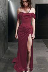 Sheath Off-the-Shoulder Sweep Train Silk like Satin Prom Dresses With Leg Slit