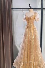 Gold Aline Tulle V Neck Long Evening Prom Dresses, Gold Evening Dresses