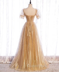 Gold Aline Tulle V Neck Long Evening Prom Dresses, Gold Evening Dresses
