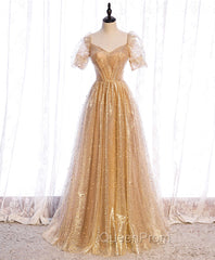 Gold Aline Tulle V Neck Long Evening Prom Dresses, Gold Evening Dresses