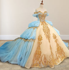 Gold Appliqued Double Colored Corset Back Quinceaera Dress