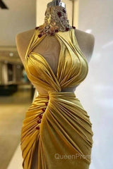 Gold Evening Dresses Sheath High Collar Velvet Beaded Slit Long Turkey Dubai Saudi Arabic Evening Gown Evening Prom Dresses