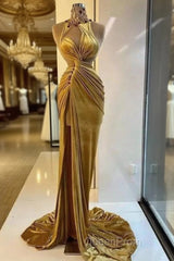 Gold Evening Dresses Sheath High Collar Velvet Beaded Slit Long Turkey Dubai Saudi Arabic Evening Gown Evening Prom Dresses