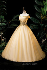Gold Floor Length Tulle Beading Evening Dresses, Lovely Off the Shoulder Evening Party Dresses