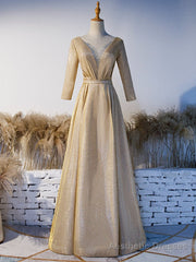 Gold Illusion V-neck Beading Short Sleeve Prom Dress