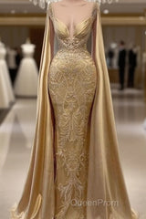 Gold Mermaid Evening Prom Dresses With Wrap Beaded Lace Appliqued Evening Dresses Party Second Reception Gowns Plus Size
