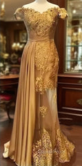 Gold Muslim Evening Dresses Mermaid Off The Shoulder Lace Beaded Islamic Dubai Saudi Arabic Long Evening Gown Evening Prom