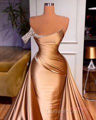 Gold Satin One Shoulder Overskirt Evening Prom Dresses