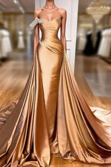 Gold Satin One Shoulder Overskirt Evening Prom Dresses