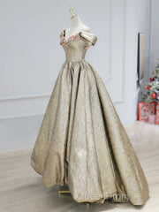 Gold Satin V-Neck Long Evening Prom Dresses With Flowers, Off The Shoulder A-Line Formal Dresses