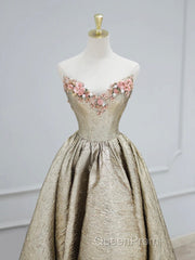 Gold Satin V-Neck Long Evening Prom Dresses With Flowers, Off The Shoulder A-Line Formal Dresses