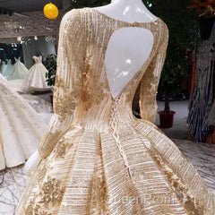 Gold Sequins Ball Gown Wedding Dresses Long Sleeves Open Back
