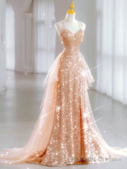 Gold Sequins Douber Straps Prom Dress