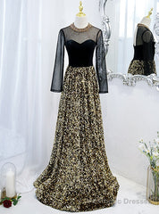 Gold Sequins Long Sleeve Backless Beading Prom Dress