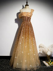 Gold Sequins One Shoulder Pleats Corset Prom Dress