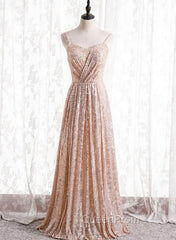 Gold Sequins Sweetheart Simple Spaghetti Straps Long Party Dresses, Sequins Evening Prom Dresses Bridesmaid Dresses