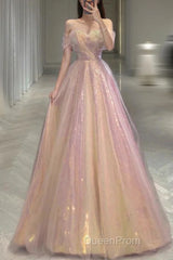 Gold Sparkle A Line Tulle Sequin Long Evening Prom Dresses