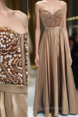 Gold Sweetheart Neck Beaded Long Evening Prom Dresses, Evening Dresses