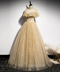 Gold Tulle Lace Long Evening Prom Dresses Gold Sweet 16 Dresses