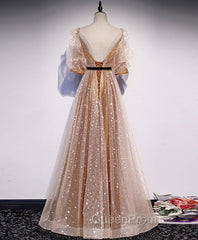 Gold Tulle Long Evening Prom Dresses, A line Gold Evening Graduation Party Dresses
