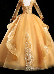 Gold Tulle Long Sleeves Lace Applique Formal Dresses, Ball Gown Sweet 16 Dresses