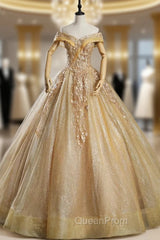 Gold Tulle Off the Shoulder Appliques Beading Quinceanera Dresses