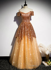 Gold Tulle Sequins Off the Shoulder Short Sleeve Prom Dress