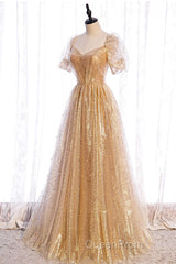 Gold Tulle V Neck Long Evening Prom Dresses Gold Tulle Formal Dresses