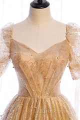 Gold Tulle V Neck Long Evening Prom Dresses Gold Tulle Formal Dresses