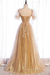 Gold Tulle V Neck Long Evening Prom Dresses Gold Tulle Formal Dresses