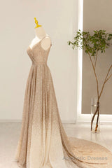 Gold V-Neck Sequins Long Prom Dress, Shiny A-Line Evening Formal Dress