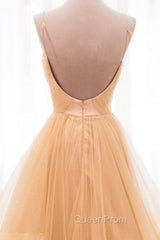 Gold V-Neck Tulle Long Evening Prom Dresses, A-Line Evening Dresses