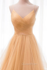 Gold V-Neck Tulle Long Evening Prom Dresses, A-Line Evening Dresses