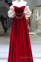 Gorgeous A Line Off The Shoulder Velvet Red Evening Prom Dresses