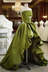 Gorgeous Balll Gown Strapless Green Satin Ruffles Long Evening Dresses Evening Prom Dresses